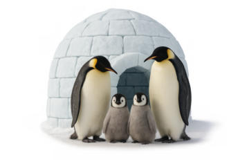 Emperor penguin family with two chicks standing in snow near igloo, representing family bond and care on transparent background