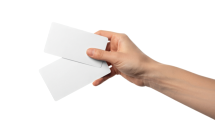 Hand holding two blank white business cards mockup. Isolated on transparent background