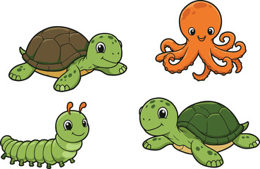 Cartoon turtle, cute octopus, smiling caterpillar, green turtle, animal illustration, kids clipart, marine life, insect drawing, children’s education, playful design