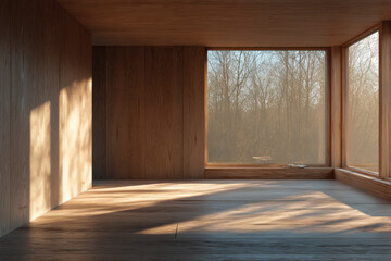 Sunlit wood interior with expansive view offers a peaceful, simple design.