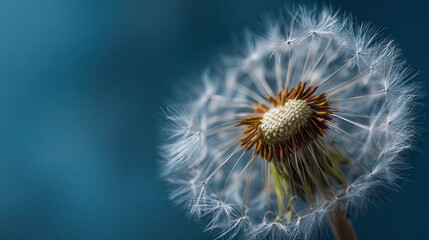 Close up of a delicate dandelion seed head against a blue background