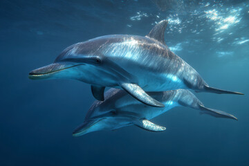 Two dolphins gliding gracefully through the water, a serene aquatic dance.