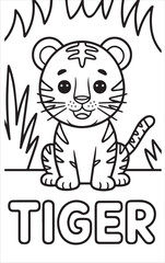 kids coloring page, coloring book for kids, printable coloring pages, fun activities for kids, Simple tiger cub sits amid sketched grass in this outlined drawing with transparent background