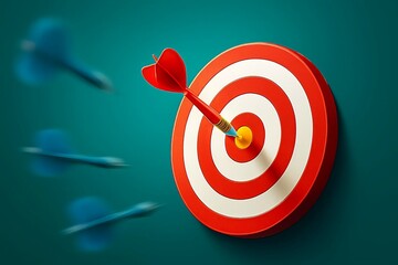 Bullseye success: red dart hitting the center of a target, symbolizing business goal accuracy and winning aspirations