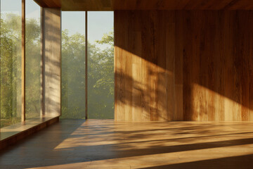 Sunlight streams through the windows of a minimalist wooden cabin room.