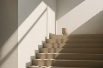 Obraz premium Minimal Home Design – Staircase Light Pattern and Sharp Step Shadows with Clean White Wall and Planter