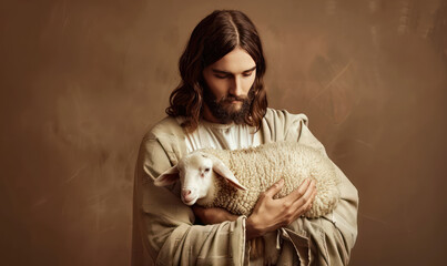 Man holding sheep his arms with gentle expression, warm lighting, and neutral background, creating peaceful and caring