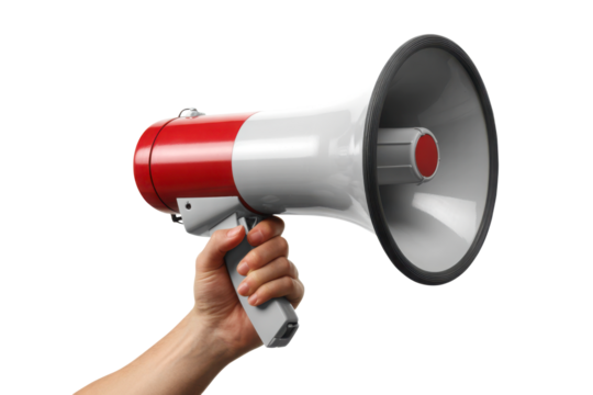 Hand holding a red and white megaphone. Isolated on transparent background
