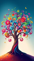 A whimsical tree with swirling, colorful leaves, embodying pure delight and wonder,  unique,  tree