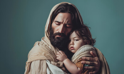 Man and child embracing with emotional expression close up portrait comforting moment gentle lighting warm tones tender hug