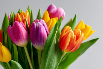A beautiful bouquet of colorful tulips with vibrant petals and green leaves.