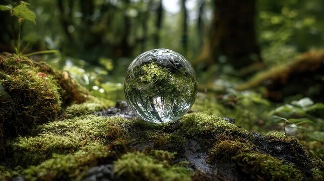 Crystal ball reflects lush green forest in mossy woodland setting