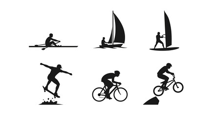 Dynamic silhouettes showcase thrilling outdoor sports adventures like kayaking sailing windsurfing skateboarding cycling and mountain biking