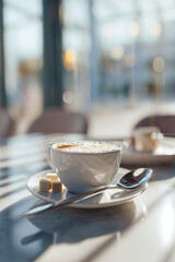 Morning coffee break with sugar cubes and spoon in a cozy café setting.