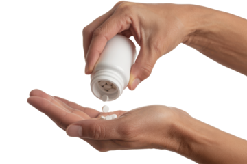 Hands pouring medicine white pills from a bottle into an open palm. Isolated on transparent background