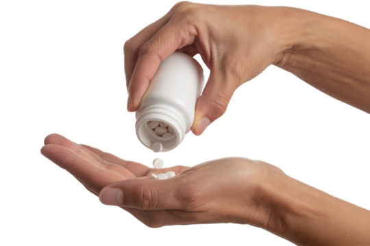 Hands pouring medicine white pills from a bottle into an open palm. Isolated on transparent background