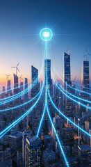 Futuristic cityscape with tall skyscraper, wind turbine, and glowing blue digital lines converging to bright AI symbol, representing advanced technology and sustainable energy