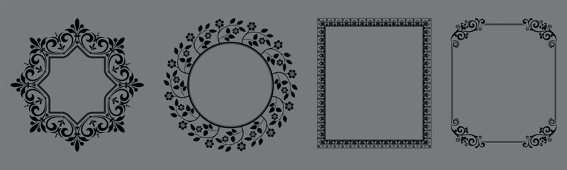 Set of decorative frames Elegant vector element for design in Eastern style, place for text. Floral black and gray borders. Lace illustration for invitations and greeting cards