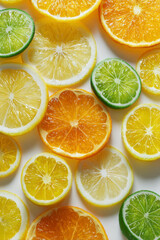 A vibrant citrus medley featuring lemon, lime, and orange slices on white.