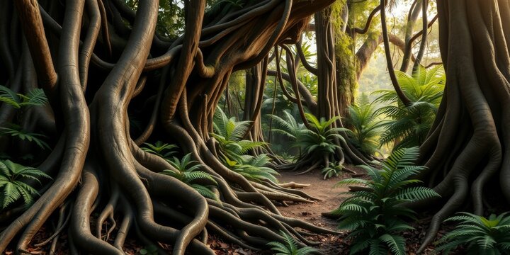 Enchanted Forest Pathway Surrounded by Twisted Roots and Lush Greenery in Early Morning Light