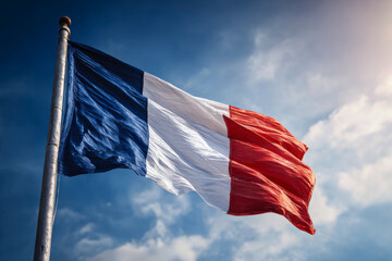 French tricolor flag waving proudly against a blue sky with white clouds.