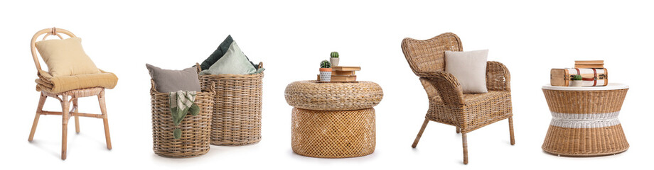 Obraz premium Collage of rattan furniture with baskets on white background