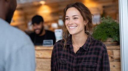 A cheerful woman interacts with a customer at a cozy coffee shop, creating a warm and inviting atmosphere. Perfect for lifestyle and hospitality themes.