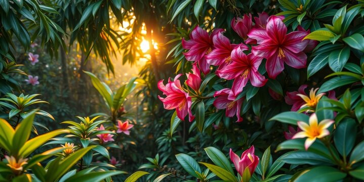 Vibrant Pink Flowers Amid Lush Green Foliage with Soft Morning Light in Tropical Landscape - Powered by Adobe