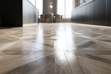 Wood floor with a geometric pattern reflects light in a minimalist kitchen.