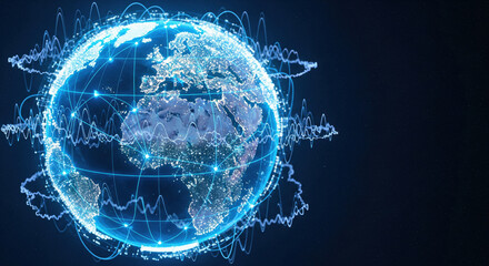 Digital globe blue glowing earth network connection data wave futuristic technology global communication innovation science modern energy