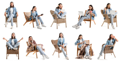 Collection of woman with stylish rattan armchairs on white background