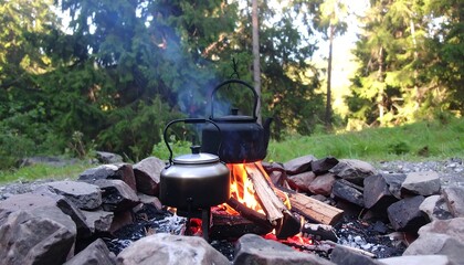 Two kettles boil over campfire flames amidst forest scenery