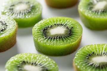 Sliced kiwi fruits showing vibrant green pulp and rows of black seeds.