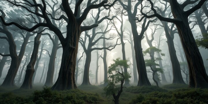 Enchanted forest with tall bare trees shrouded in mist creating an ethereal atmosphere and mysterious ambiance in nature