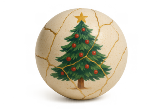 Christmas ornament showing a tree and gold kintsugi cracks symbolizing repair and resilience, transparent background