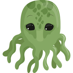 Cute Cartoon Green Octopus With Big Eyes And Tentacles Floating On Transparent Background Simple Animal Illustration For Kids