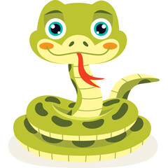 Cute Cartoon Green Snake with Big Blue Eyes and Red Tongue Curled Up with Dark Green Spots on Transparent Background