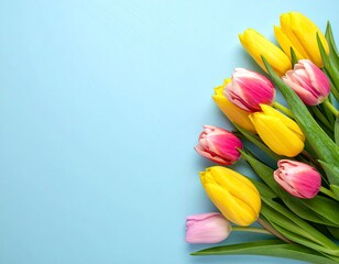 Tulip Bouquet on Blue Background - Springtime Floral Arrangement.