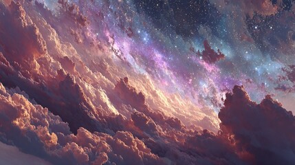 Dreamy sky with colorful clouds and stars artistic rendering fantasy landscape.