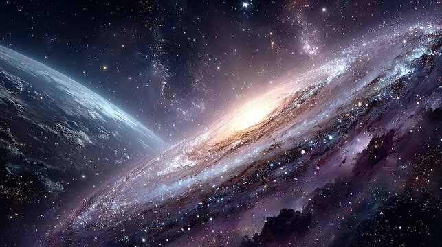 Galaxy with stars and planet in deep space cosmic scene.