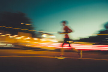 Abstract Motion Blur Runner Passing Traffic Light Streaks Dynamic Speed Energy Flowing Through Urban Street at Twilight Sport Fitness Concept