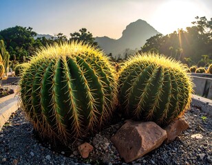 Two large, spiky cacti in a garden setting