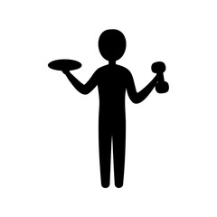 Silhouette of a person holding a plate and a dumbbell exercising