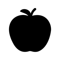 Simple black silhouette of an apple with leaf and stem, isolated on white