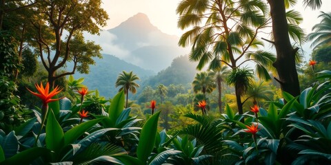 Fototapeta premium Lush Tropical Jungle Landscape with Exotic Flowers and Majestic Mountains Under Soft Morning Light