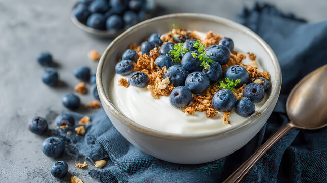 Healthy yogurt bowl topped with fresh blueberries and granola