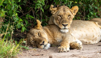 Two lions resting under bushes