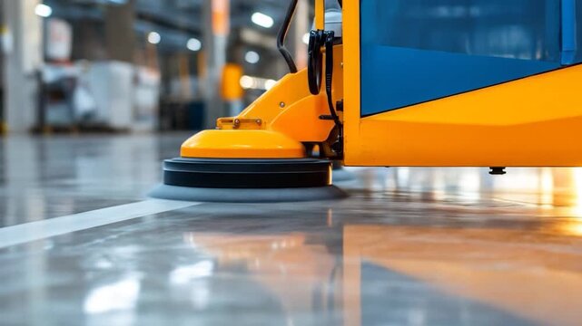 Industrial floor cleaning machine polishes reflective surface in commercial environment