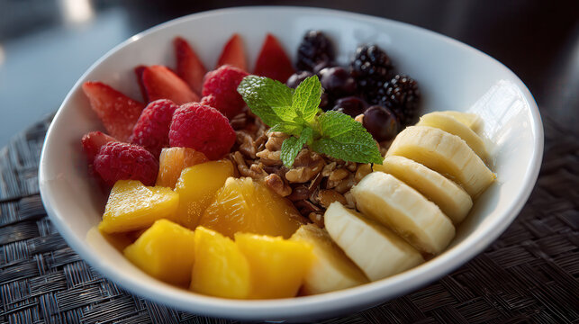 Vibrant fruit bowl with granola and mint