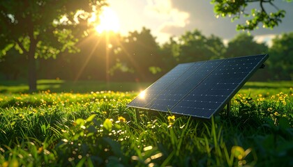 Solar panel in a grassy field at sunset